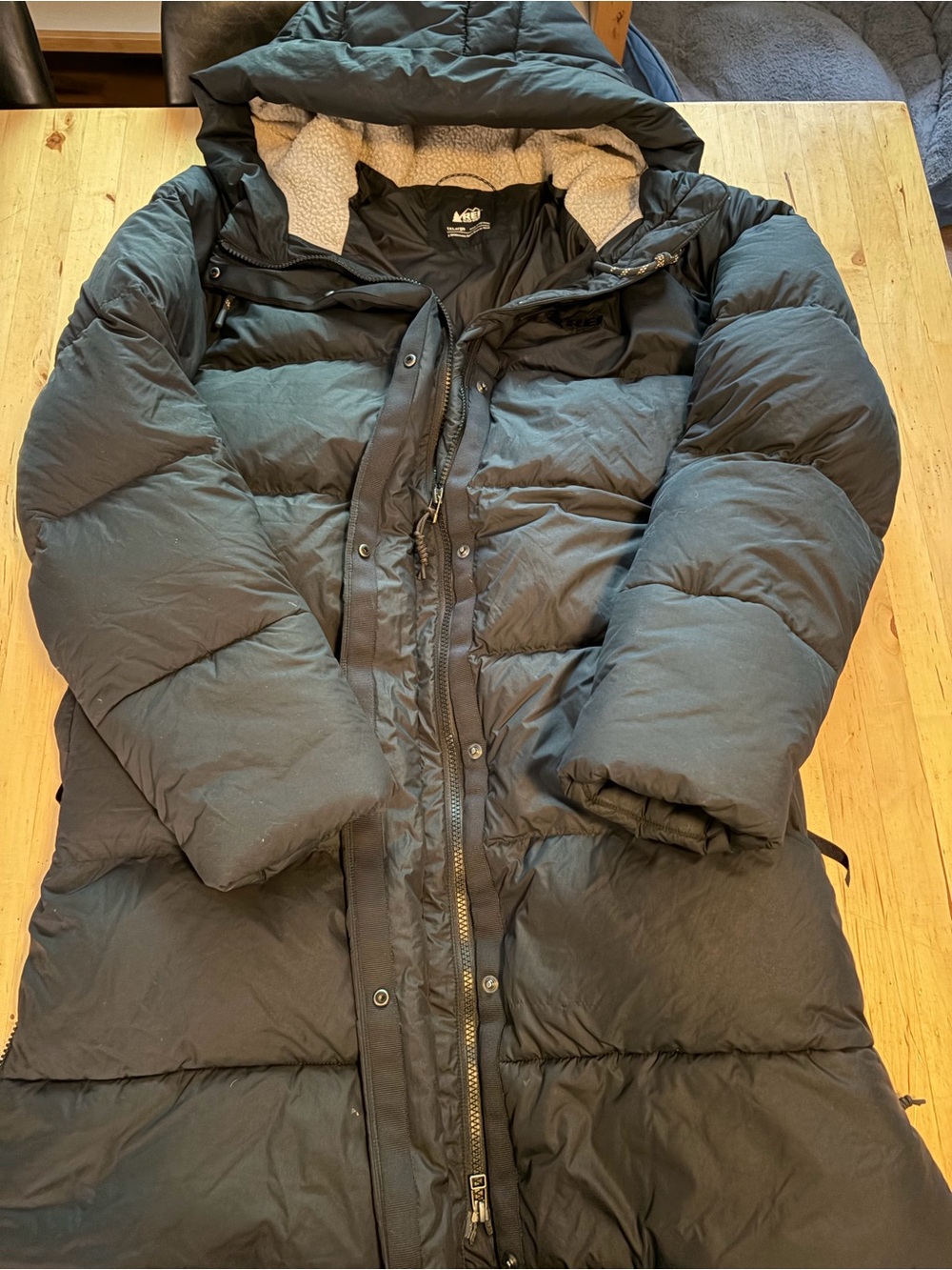 REI Black Long Hooded Puffer Coat